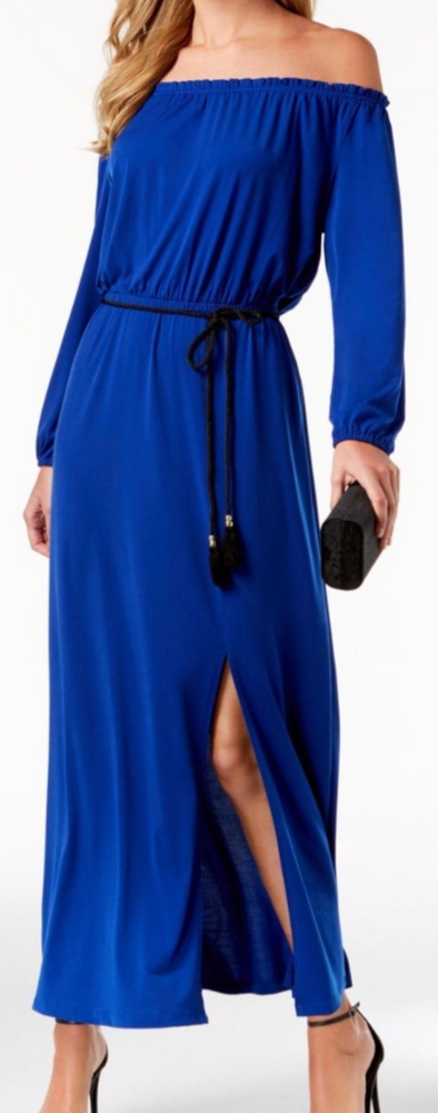 Nine West Blue 3/4 Sleeve Off Shoulder Belted Maxi